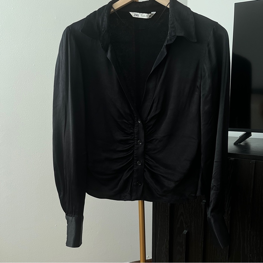 Zara Black Satin Ruched Front Blouse